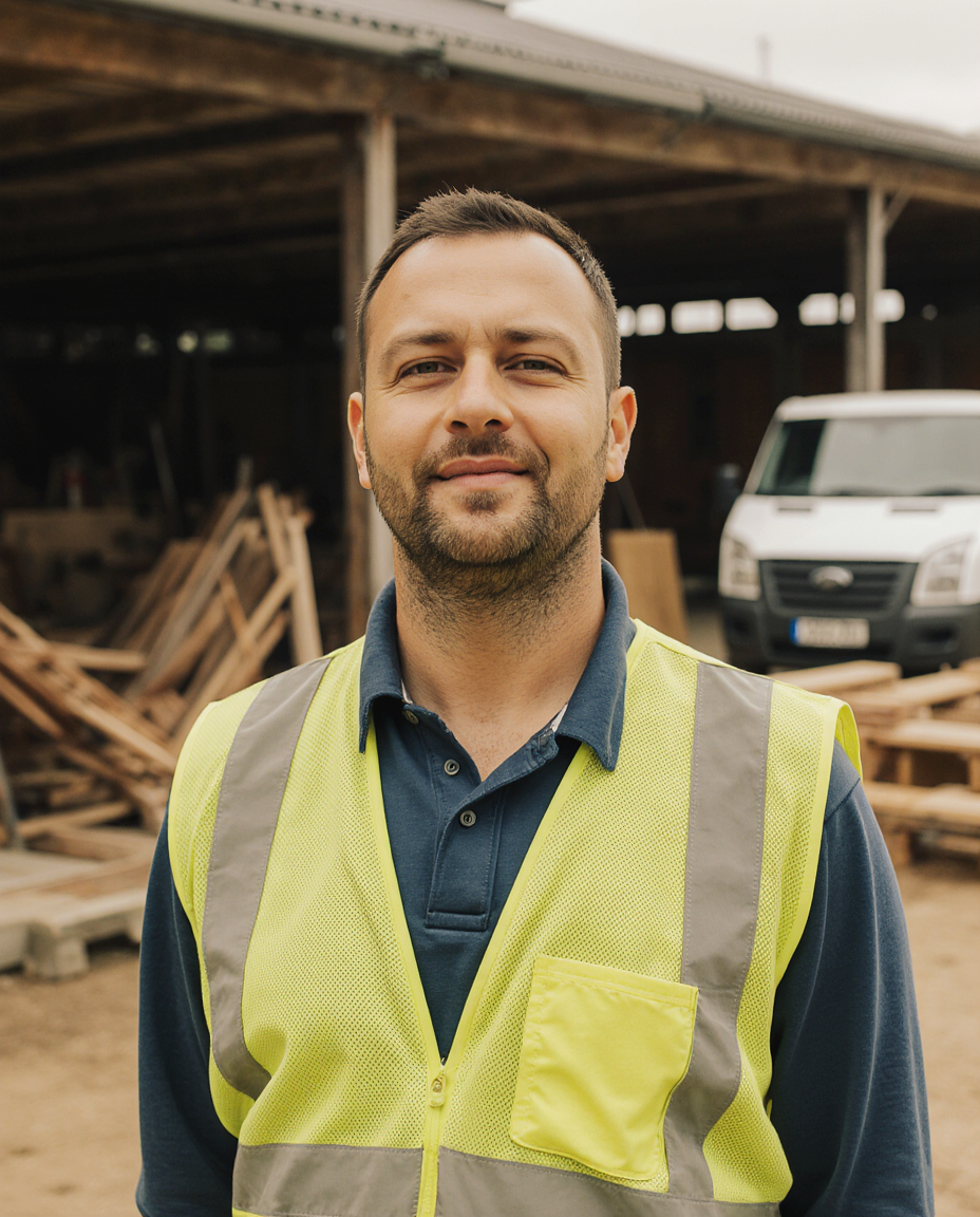 Construction tradesperson wearing safety gear and hard hat