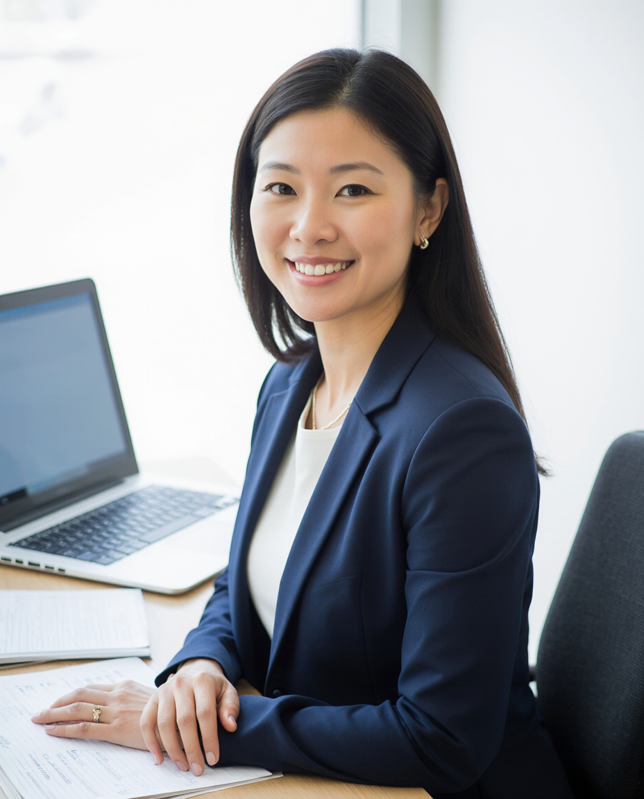 Professional woman in business attire working at desk